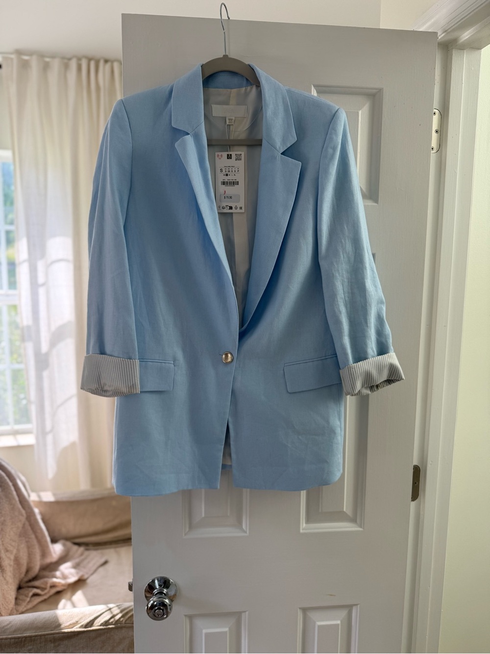 Zara Light Blue Women's linen Blazer Jacket